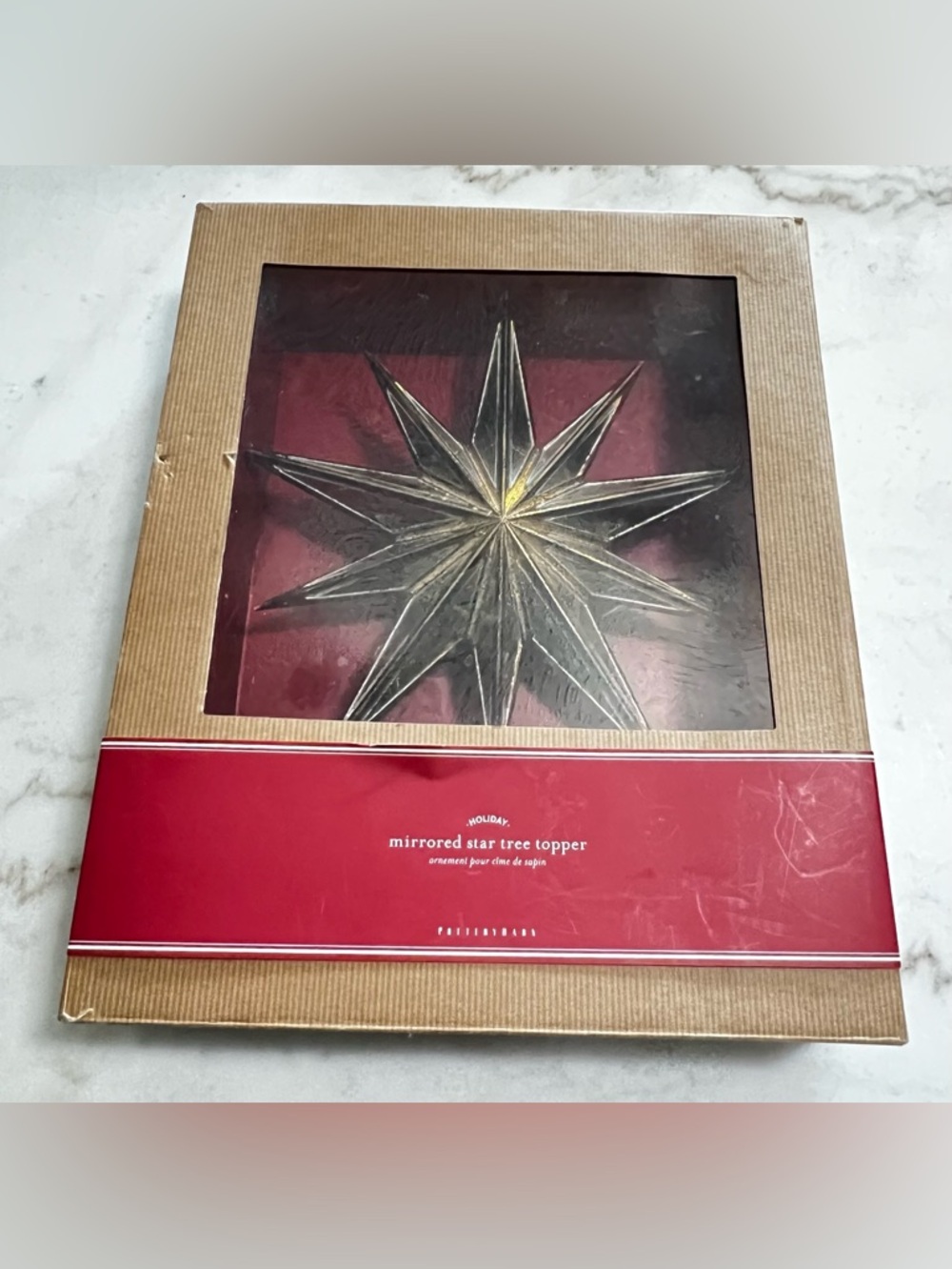 POTTERY BARN Antiqued Gold Look Mirror Star Christmas Tree Topper Original Box
